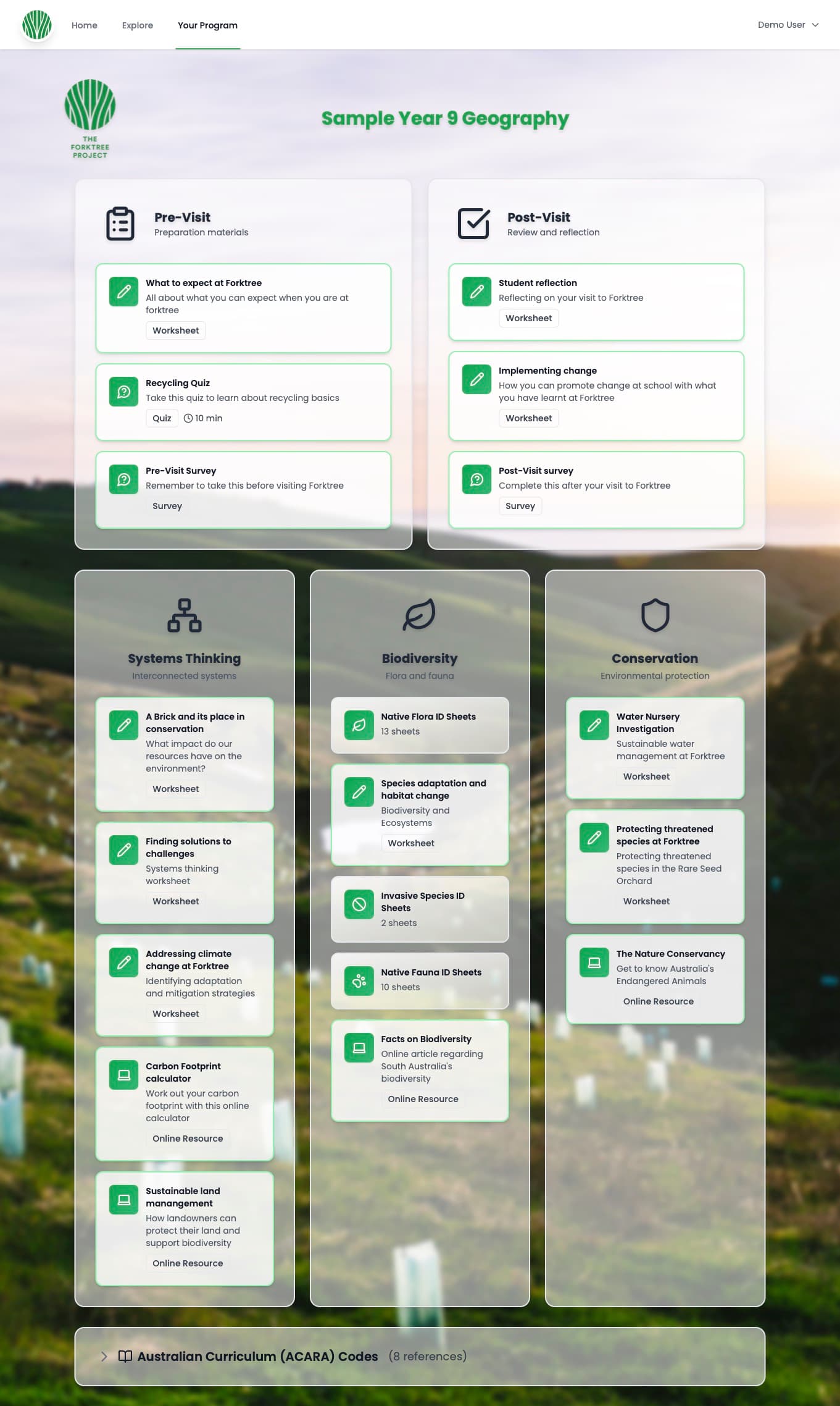 Sample Program Home Page with ACARA Codes